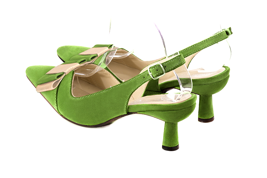 Grass green and gold women's open back shoes, with a knot. Tapered toe. Medium spool heels. Rear view - Florence KOOIJMAN